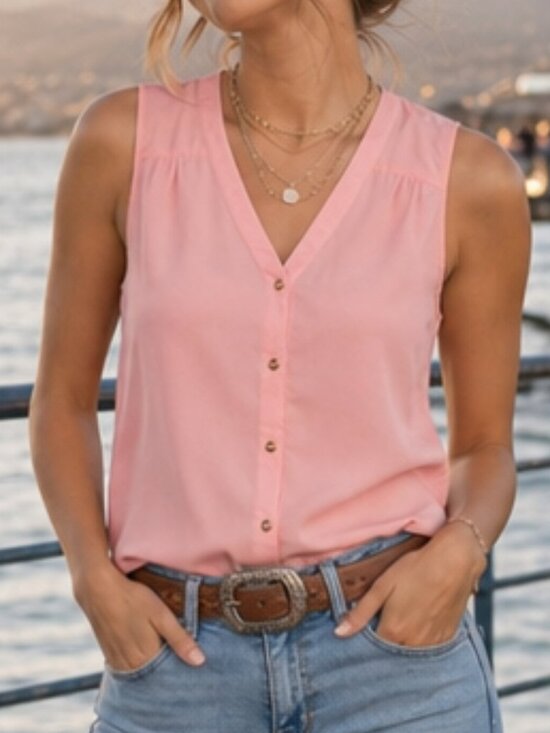 Milano Tops - Milano Peach Lightweight Button Front Sleeveless Top Blouse Large